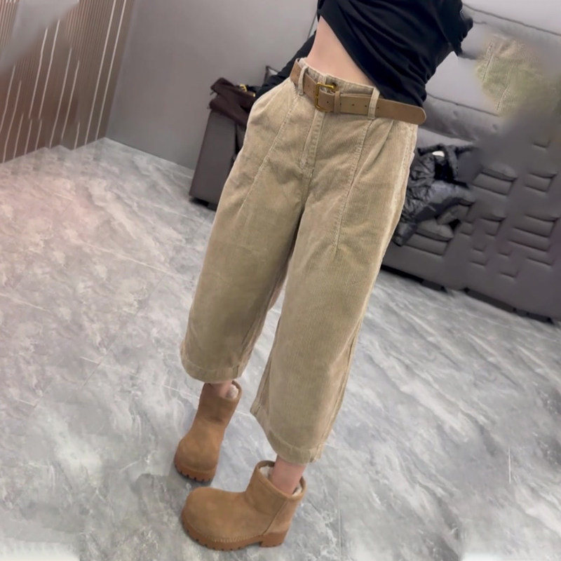 高端定制杏色灯芯绒大码阔腿裤女