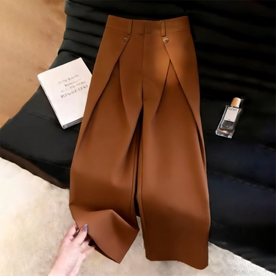 高端定制焦糖色大码压褶阔腿裤女
