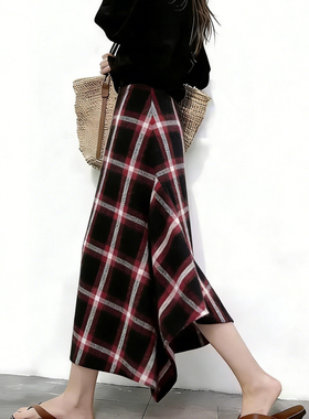 欧货高端定制黑红色格纹大码半身裙女2025冬季新款加厚小众A字裙