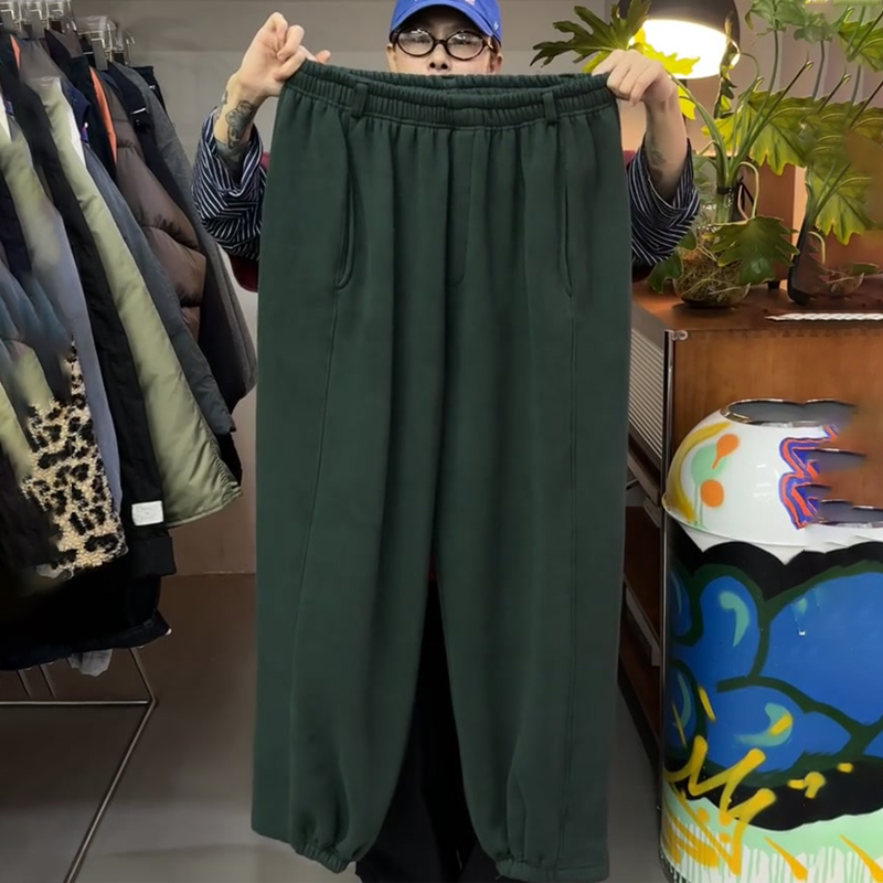 欧货高端定制深绿色大码阔腿卫裤