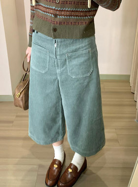 高端定制蓝色灯芯绒大码阔腿裤女2025冬季新款加厚复古七分休闲裤