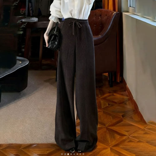 高端定制棕色灯芯绒大码阔腿裤女