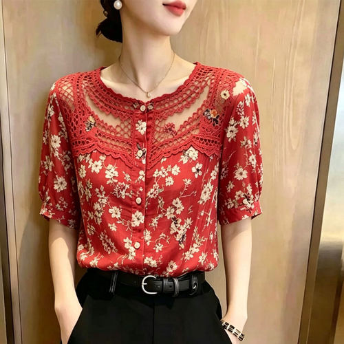 欧货高端复古红底碎花大码上衣女