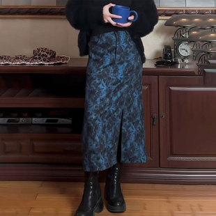 加厚开叉A字裙子 新款 欧货高端定制蓝色碎花大码 半身裙女2025冬季