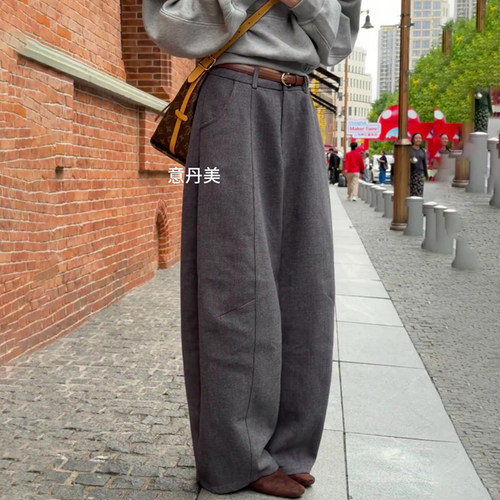 欧货高端定制灰色毛呢阔腿西裤女