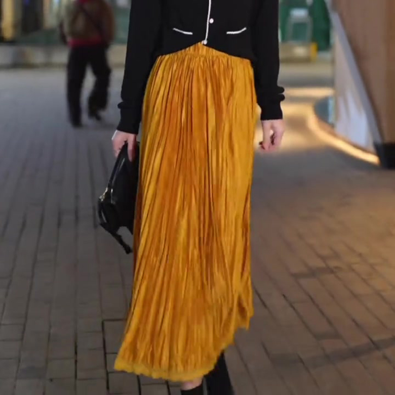 欧货高端定制橙色压褶大码半身裙