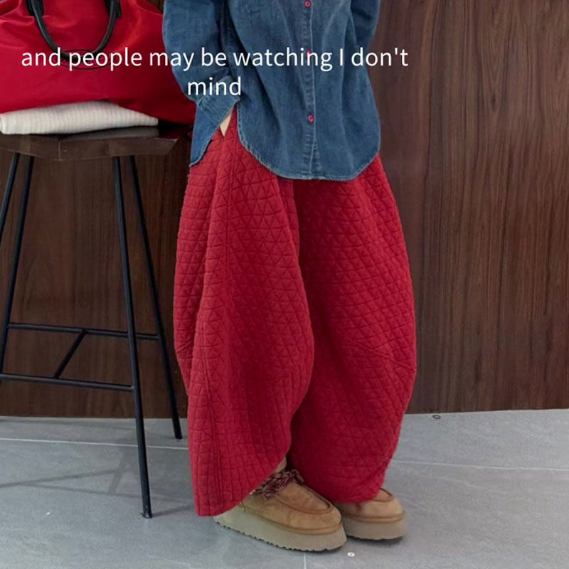 欧货高端定制红色大码阔腿棉裤女