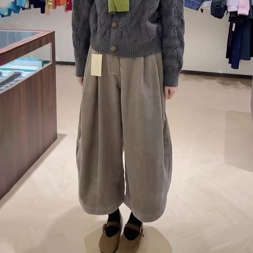 高端定制水泥灰色灯芯绒阔腿裤女