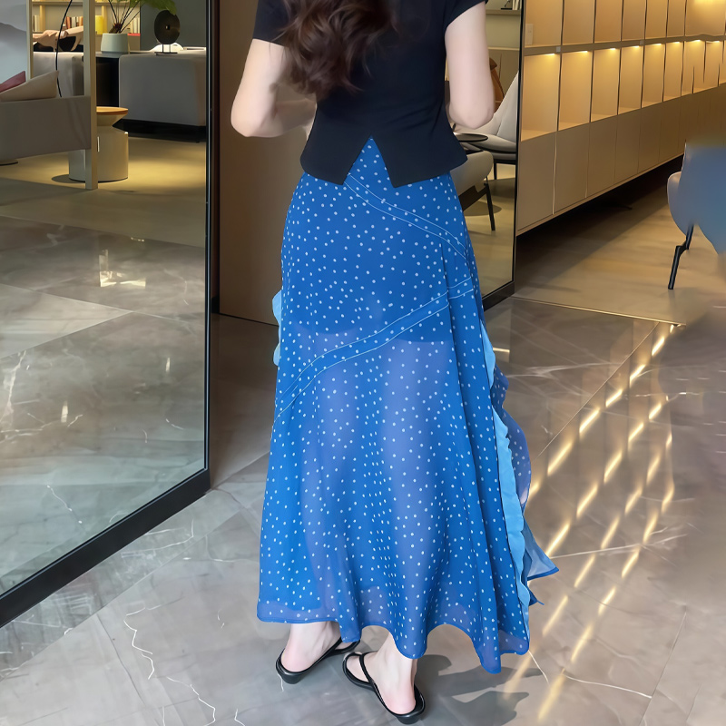 欧货高端蓝色波点半身裙女2025夏季新款时尚高腰百搭显瘦A字长裙