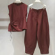 百搭洋气套装 新中式 时尚 新款 酒红色高级显瘦亚麻两件套女2025秋季