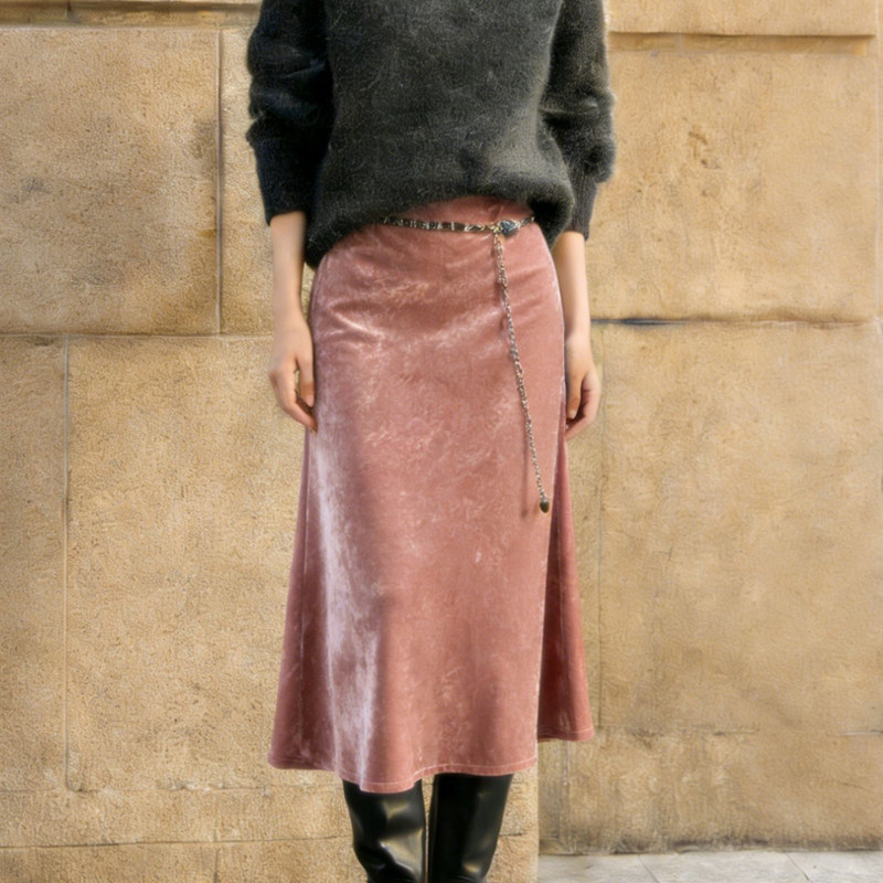 欧货高端定制豆沙粉色丝绒大码半身裙女2026早春新款温柔A字裙子,女装/女士精品,大码半身裙,淘宝优惠券,粉丝福利购,淘宝优惠卷