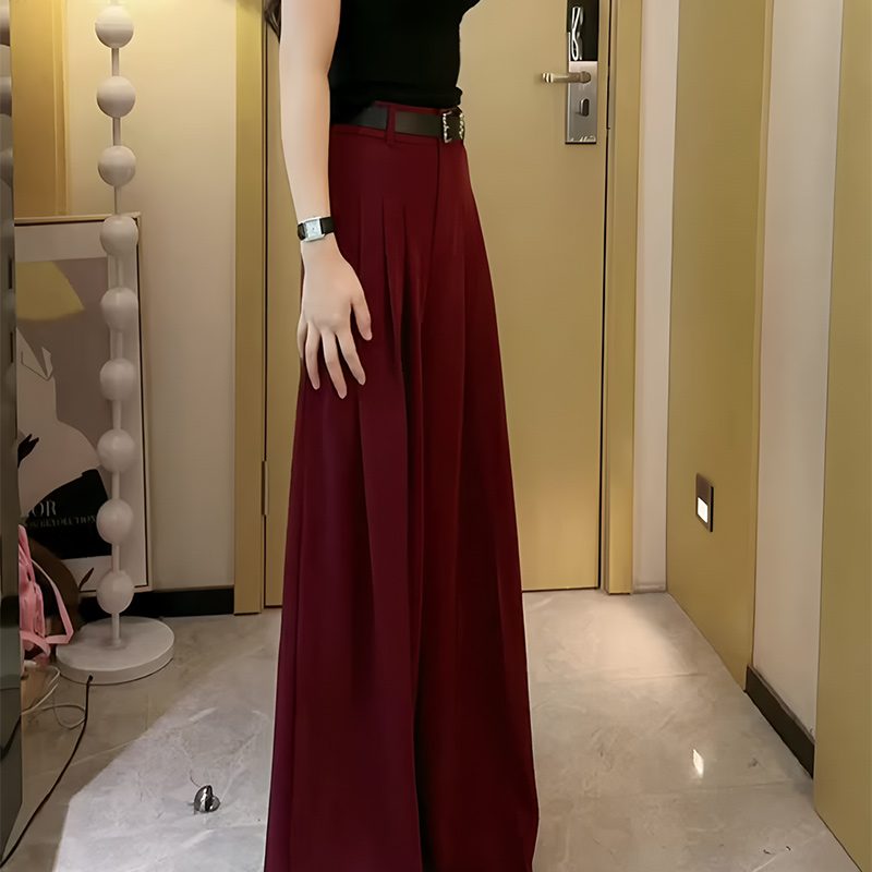 欧货大牌酒红色压褶设计感西装裤