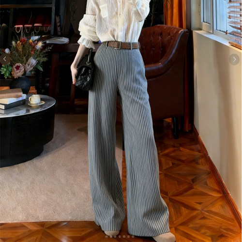 高端定制灰蓝色条纹大码阔腿裤女