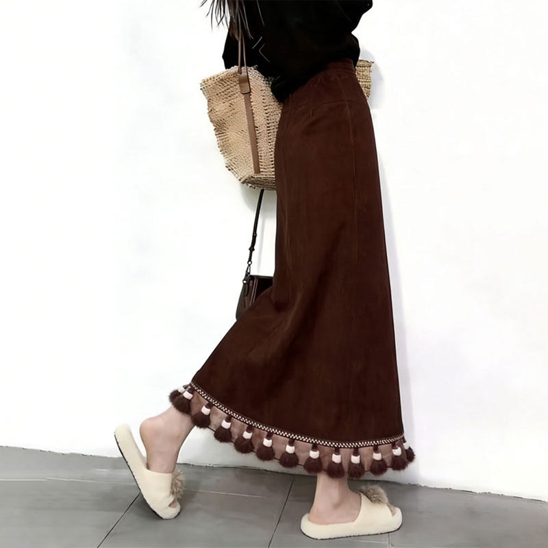 欧货高端定制棕色流苏大码半身裙女2025冬季新款加厚复古A字长裙,女装/女士精品,大码半身裙,淘宝优惠券,粉丝福利购,淘宝优惠卷