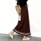 新款 欧货高端定制棕色流苏大码 半身裙女2025冬季 加厚复古A字长裙