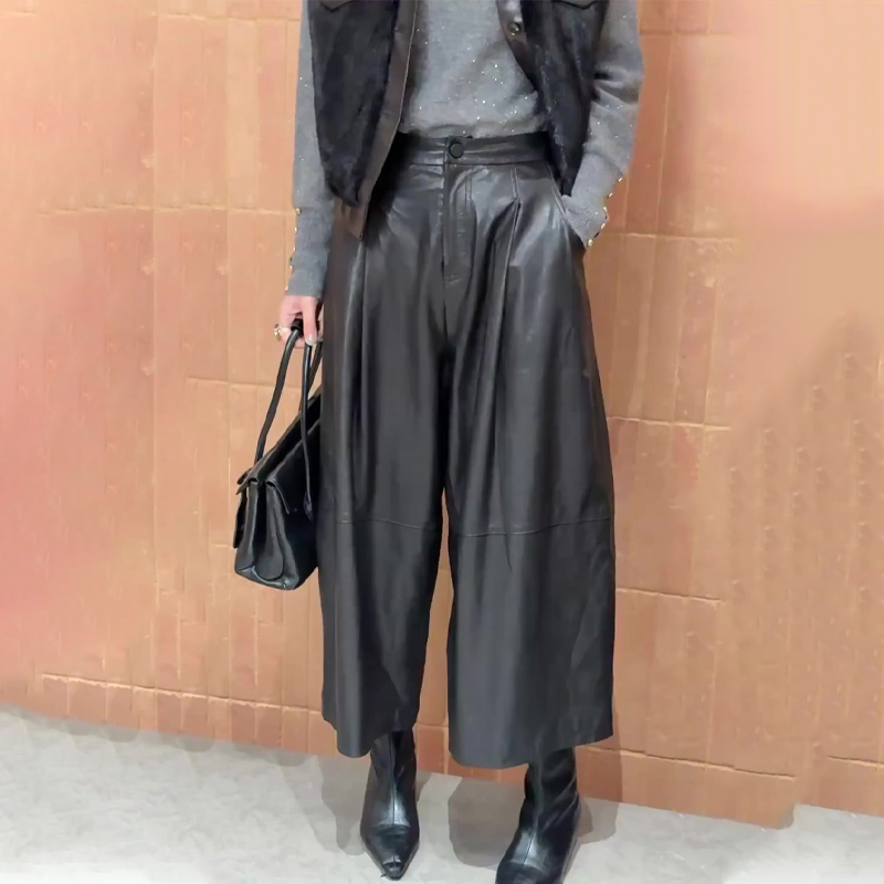 欧货高端定制黑色大码阔腿皮裤女