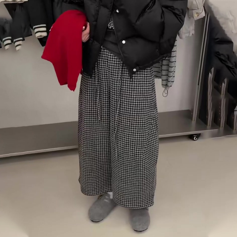 高端定制灰色毛呢大码格纹阔腿裤