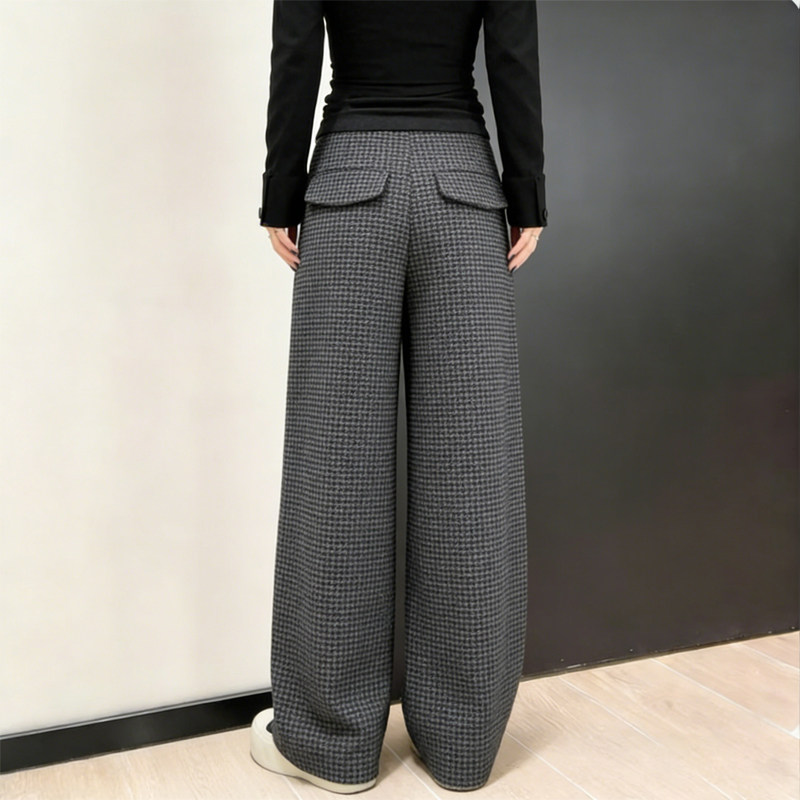 欧货高端定制灰色毛呢大码阔腿裤女2026早春新款千鸟格休闲直筒裤,女装/女士精品,大码裤装,淘宝优惠券,粉丝福利购,淘宝优惠卷