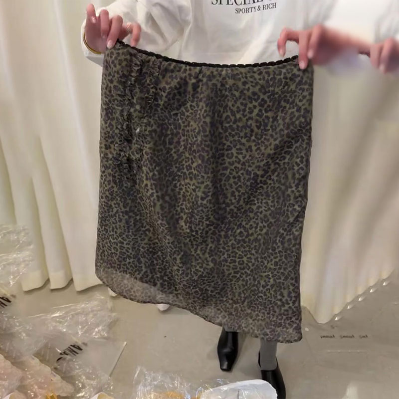 欧货高端豹纹小花边大码半身裙女