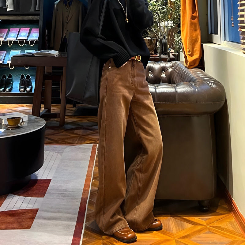 韩版焦糖色百搭阔腿美拉德牛仔裤