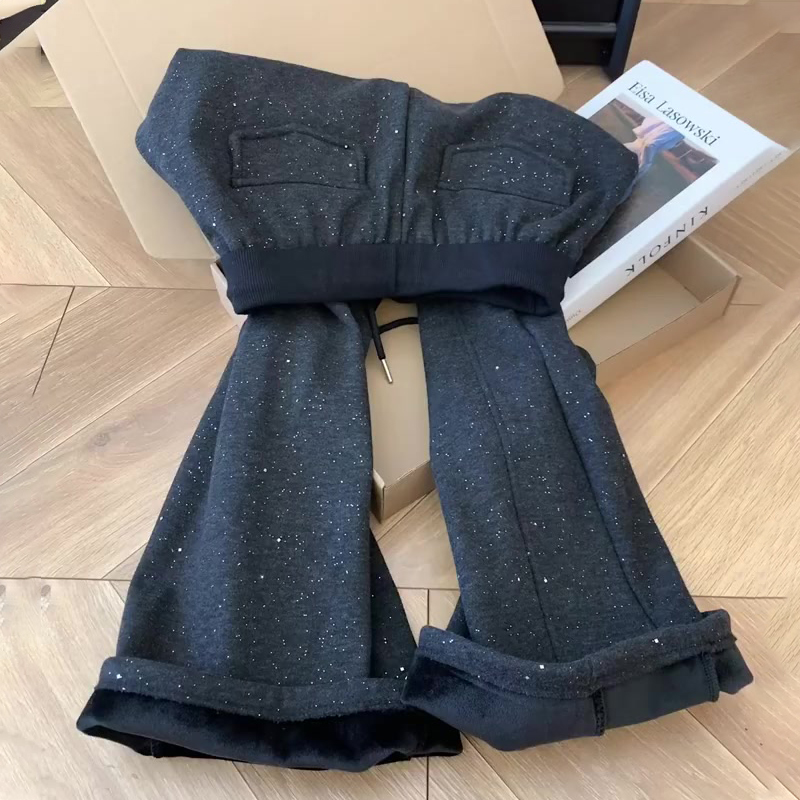 高端定制深灰色毛呢细闪阔腿裤女