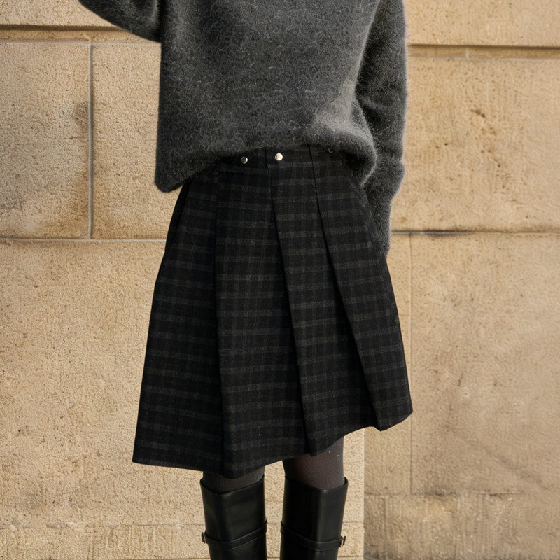 欧货高端定制黑灰色格子大码半身裙女2025冬季新款加厚减龄百褶裙,女装/女士精品,大码半身裙,淘宝优惠券,粉丝福利购,淘宝优惠卷