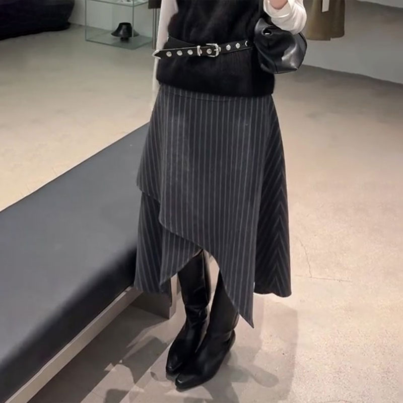 高端定制灰色条纹大码半身裙女