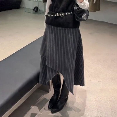 高端定制灰色条纹大码半身裙女