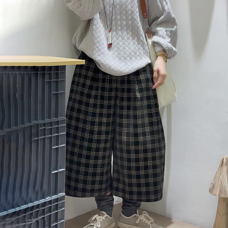 高端定制墨绿色格子阔腿九分长裤