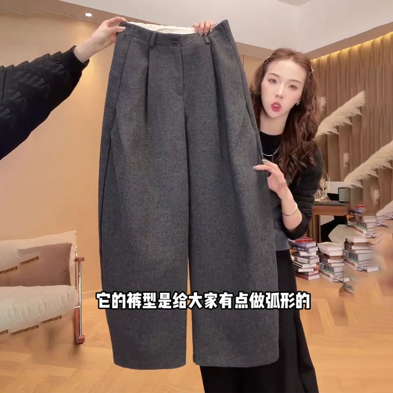 欧货高端灰色毛呢褶皱大码阔腿裤