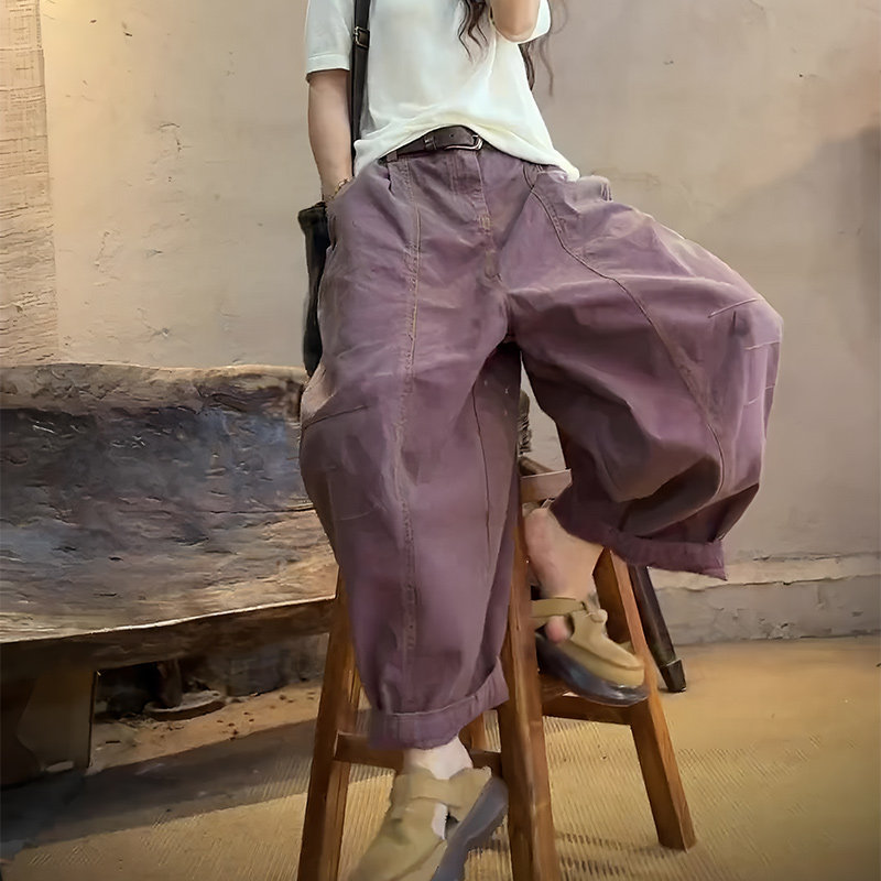 欧货大牌紫色宽松时尚大码阔腿裤女2025秋季新款气质简约棉麻长裤,女装/女士精品,大码裤装,淘宝优惠券,粉丝福利购,淘宝优惠卷