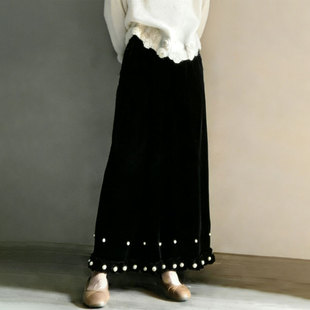 欧货高端定制黑色钉珠大码半身裙女2025冬季新款加厚丝绒A字长裙