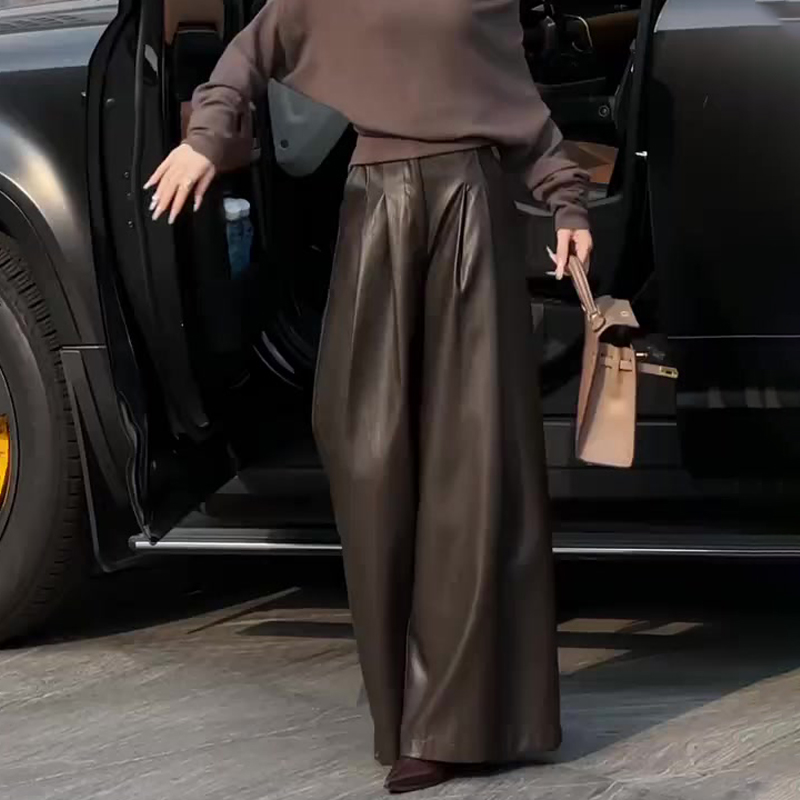 欧货高端定制棕色大码阔腿pu皮裤