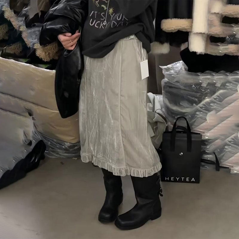 定制灰色纱网花边大码半身裙女