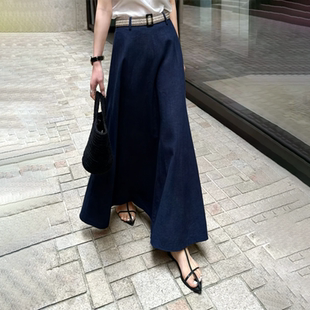 轻熟风A字裙子 新款 欧货高端定制藏青色大码 亚麻半身裙女2026夏季