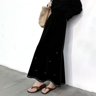 高端定制黑色丝绒大码半身裙女2025冬季新款加厚亮片钉珠A字长裙