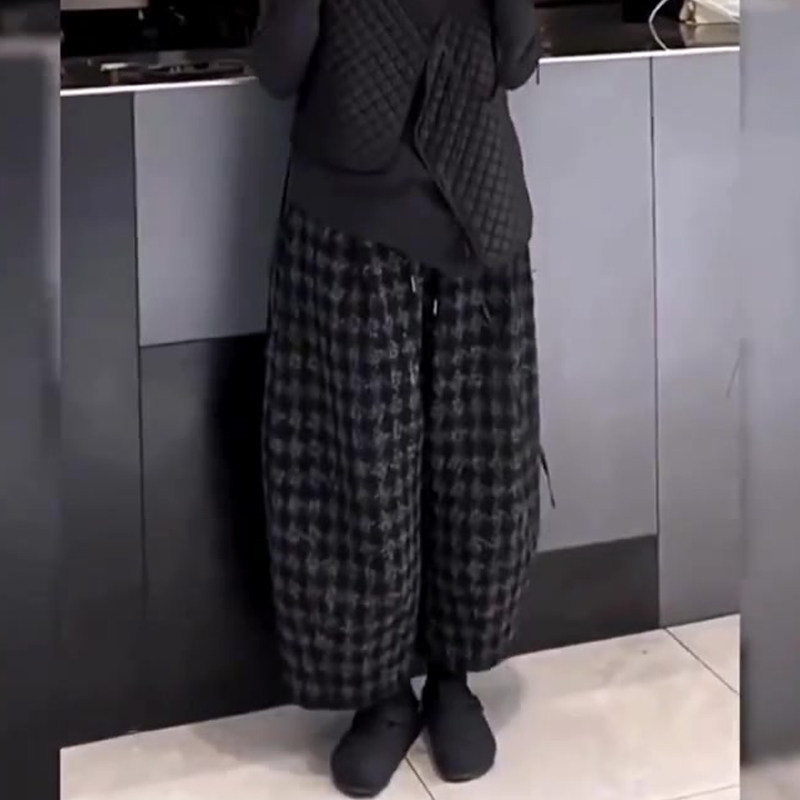 高端定制灰色毛呢大码格子阔腿裤