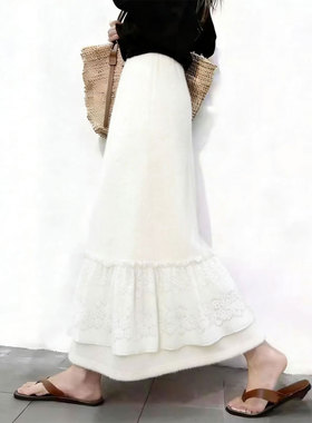 欧货高端定制白色蕾丝拼接大码半身裙女2025冬季新款加厚A字长裙