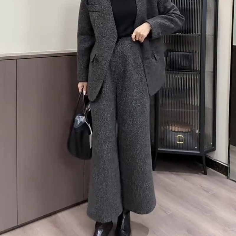 高端定制灰色毛呢大码阔腿西裤女