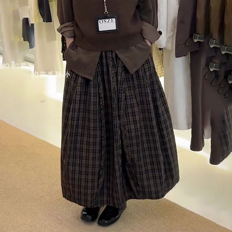 欧货高端黑色复古格子大码半身裙2025秋冬新款定制休闲宽松中长裙