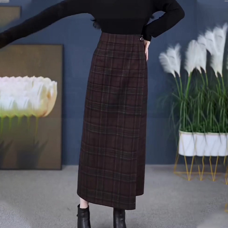高端定制红棕色格纹大码半身裙女