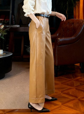 欧货高端定制黄色大码阔腿裤女2025冬季新款加厚显瘦百搭PU皮裤子