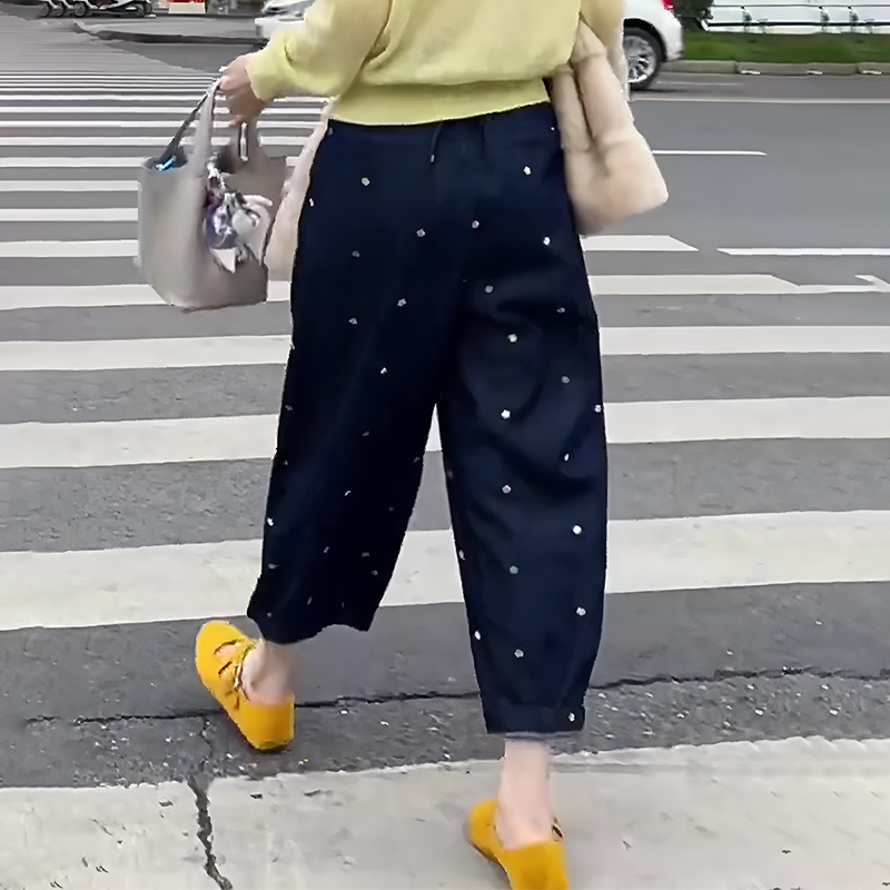 欧货正品藏青色圆点时尚设计长裤