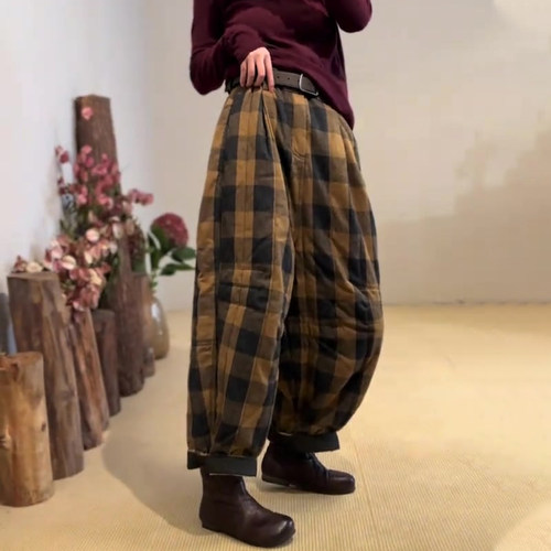 高端定制黄黑色棉麻格纹阔腿裤女