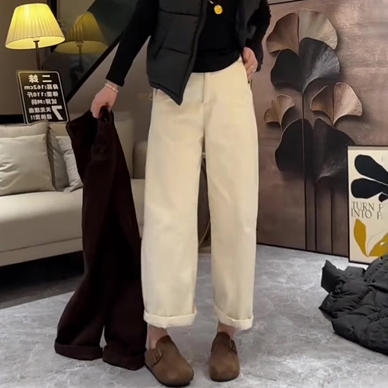 高端定制杏色灯芯绒大码阔腿裤女
