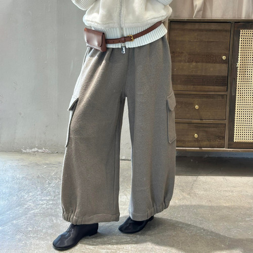 高端定制浅灰色口袋大码阔腿裤女