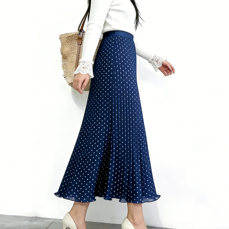 欧货高端定制藏青色雪纺大码半身裙女2026早春新款波点优雅A字裙,女装/女士精品,大码半身裙,淘宝优惠券,粉丝福利购,淘宝优惠卷
