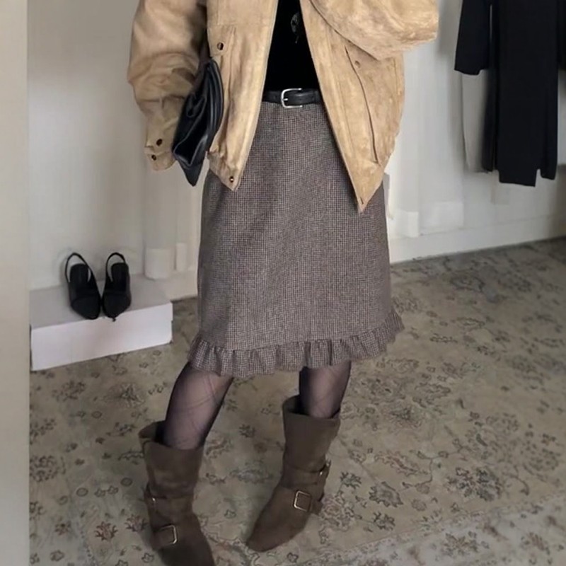 定制咖色格子荷叶边大码半身裙女