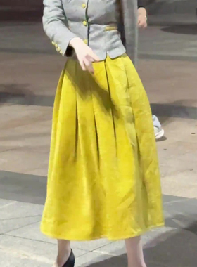 高端定制亮黄色灯芯绒大码半身裙女2025秋冬新款加厚减龄A字裙子