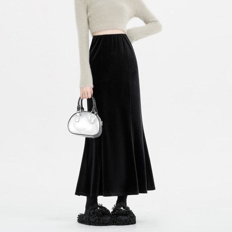 欧货高端定制黑色丝绒大码半身裙女2026早春新款百搭轻熟风鱼尾裙,女装/女士精品,大码半身裙,淘宝优惠券,粉丝福利购,淘宝优惠卷